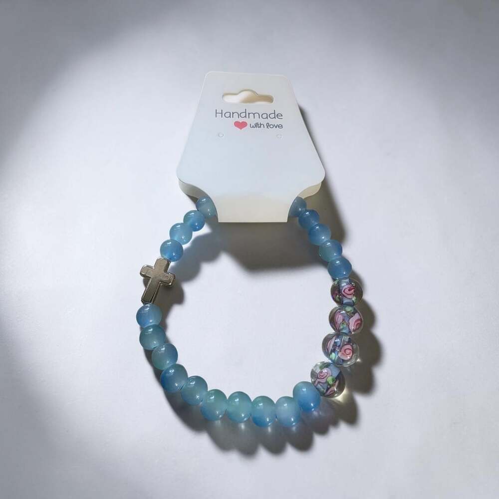 Blue Lampwork Glass BRACELET WITH CROSS CHARM